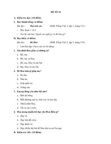 Đề thi học kì 1 môn Tiếng Việt Lớp 2 - Đề 16 (Có đáp án)