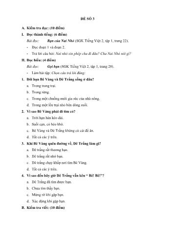 Đề thi học kì 1 môn Tiếng Việt Lớp 2 - Đề 3 (Có đáp án)