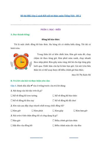 Đề thi học kì 1 môn Tiếng Việt Lớp 2 Sách Kết nối tri thức với cuộc sống - Đề 2