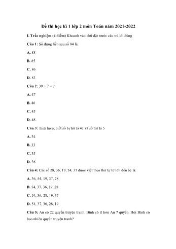Đề thi học kì 1 môn Toán Lớp 2 Sách Chân trời sáng tạo - Năm học 2021-2022 - Đề 2 (Có đáp án)