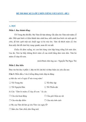 Đề thi học kì 2 môn Tiếng Việt Lớp 2 Sách Kết nối tri thức với cuộc sống - Đề 1