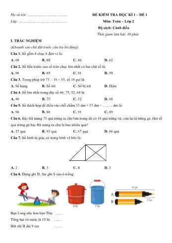 Tuyển tập 10 đề kiểm tra học kì 1 môn Toán Lớp 2 Sách Cánh diều (Có đáp án)