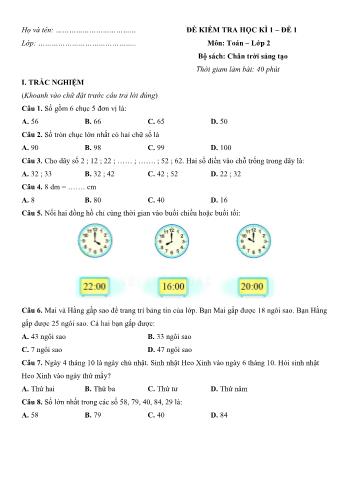 Tuyển tập 10 đề kiểm tra học kì 1 môn Toán Lớp 2 Sách Chân trời sáng tạo (Có đáp án)