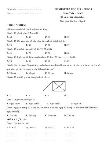 Tuyển tập 10 đề kiểm tra học kì 1 môn Toán Lớp 2 Sách Kết nối tri thức với cuộc sống (Có đáp án)