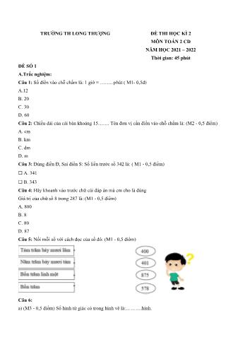 Bộ 5 đề thi học kì 2 môn Toán Lớp 2 Sách Cánh diều - Năm học 2021-2022 - Trường Tiểu học Long Thượng (Có đáp án)