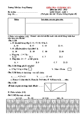 Đề kiểm tra cuối học kì 1 môn Toán Lớp 2 - Năm học 2021-2022 - Trường Tiểu học Song Phượng (Có đáp án)