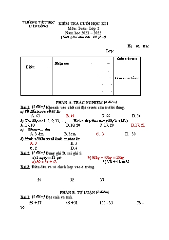 Đề kiểm tra cuối học kì I môn Toán Lớp 2 - Năm học 2021-2022 - Trường Tiểu học Liên Hồng (Có đáp án)