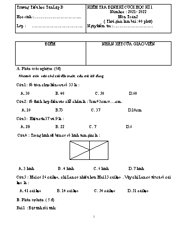 Đề kiểm tra định kì cuối học kì I môn Toán, Tiếng Việt Lớp 2 - Năm học 2021-2022 - Trường Tiểu học Tân Lập B (Có đáp án)