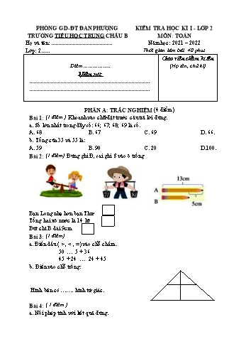 Đề kiểm tra học kì I môn Toán, Tiếng Việt Lớp 2 - Năm học 2021-2022 - Trường Tiểu học Trung Châu B (Có đáp án)