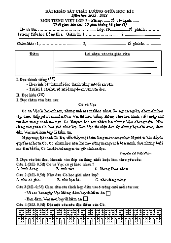 Bài khảo sát chất lượng giữa học kì I môn Tiếng Việt Lớp 2 - Năm học 2022-2023 - Trường Tiểu học Đồng Hòa (Có đáp án)