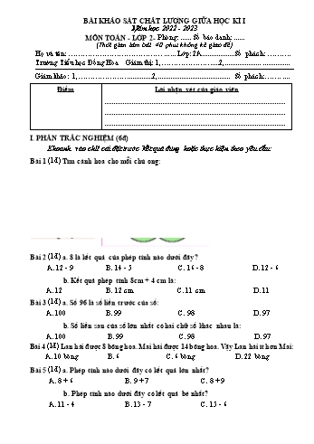 Bài khảo sát chất lượng giữa học kì I môn Toán Lớp 2 - Năm học 2022-2023 - Trường Tiểu học Đồng Hòa (Có đáp án)