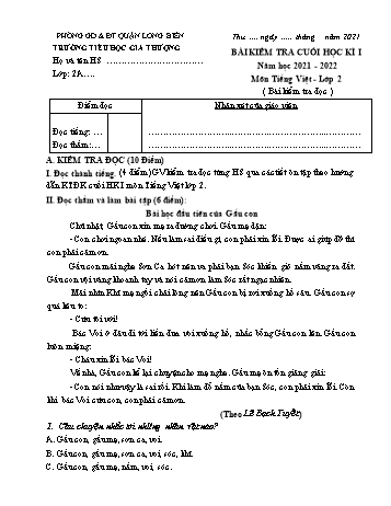 Bài kiểm tra cuối học kì I môn Tiếng Việt Lớp 2 - Năm học 2021-2022 - Trường Tiểu học Gia Thượng - Đề 4 (Có đáp án)