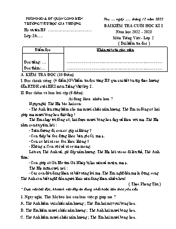 Bài kiểm tra cuối học kì I môn Tiếng Việt Lớp 2 - Năm học 2022-2023 - Trường Tiểu học Gia Thượng - Đề 2 (Có đáp án)