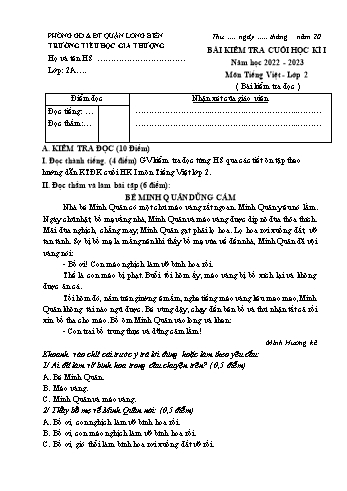 Bài kiểm tra cuối học kì I môn Tiếng Việt Lớp 2 - Năm học 2022-2023 - Trường Tiểu học Gia Thượng - Đề 1 (Có đáp án)