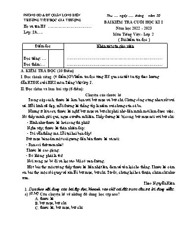Bài kiểm tra cuối học kì I môn Tiếng Việt Lớp 2 - Năm học 2022-2023 - Trường Tiểu học Gia Thượng - Đề 3 (Có đáp án)
