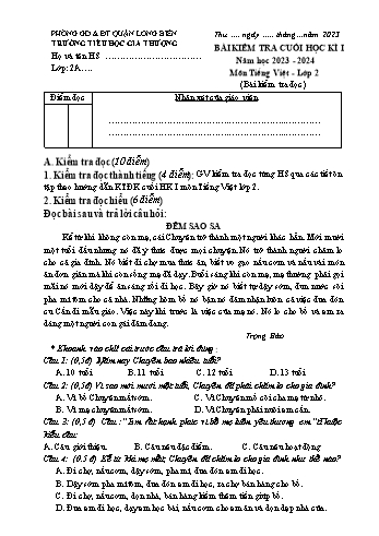 Bài kiểm tra cuối học kì I môn Tiếng Việt Lớp 2 - Năm học 2023-2024 - Trường Tiểu học Gia Thượng - Đề 2 (Có đáp án)
