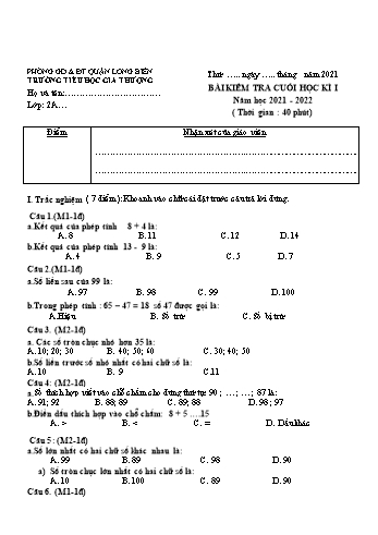 Bài kiểm tra cuối học kì I môn Toán Lớp 2 - Năm học 2021-2022 - Trường Tiểu học Gia Thượng - Đề 4 (Có đáp án)