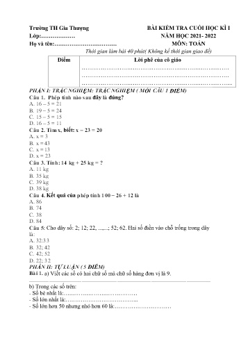 Bài kiểm tra cuối học kì I môn Toán Lớp 2 - Năm học 2021-2022 - Trường Tiểu học Gia Thượng - Đề 1 (Có đáp án)