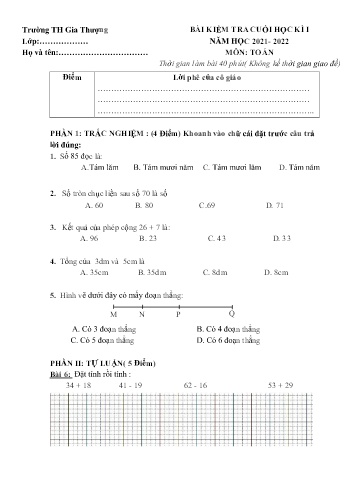 Bài kiểm tra cuối học kì I môn Toán Lớp 2 - Năm học 2021-2022 - Trường Tiểu học Gia Thượng - Đề 2 (Có đáp án)