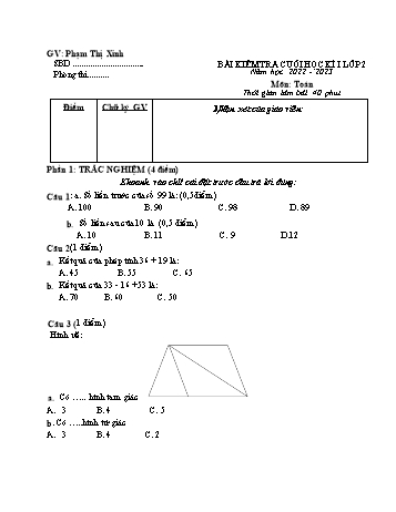 Bài kiểm tra cuối học kì I môn Toán Lớp 2 - Năm học 2022-2023 - Phạm Thị Xinh (Có đáp án)