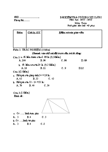 Bài kiểm tra cuối học kì I môn Toán Lớp 2 - Năm học 2022-2023 (Có đáp án)