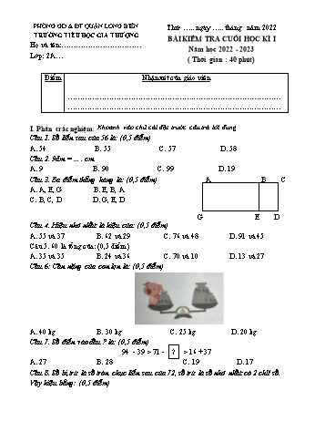 Bài kiểm tra cuối học kì I môn Toán Lớp 2 - Năm học 2022-2023 - Trường Tiểu học Gia Thượng - Đề 1 (Có đáp án)