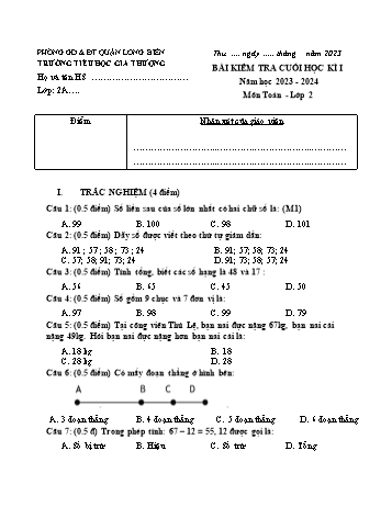 Bài kiểm tra cuối học kì I môn Toán Lớp 2 - Năm học 2023-2024 - Trường Tiểu học Gia Thượng (Có đáp án)