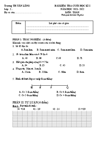 Bài kiểm tra cuối học kì I môn Toán, Tiếng Việt Lớp 2 - Năm học 2021-2022 - Trường Tiểu học Tân Lãng (Có đáp án)