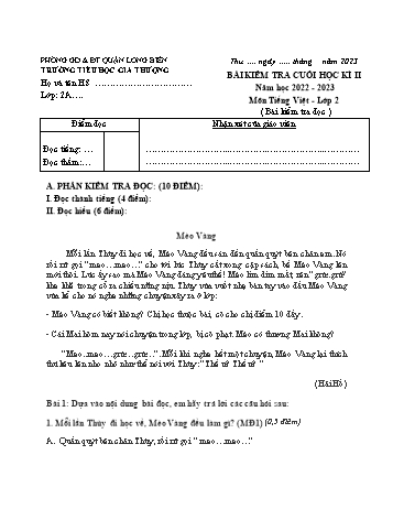 Bài kiểm tra cuối học kì II môn Tiếng Việt Lớp 2 - Năm học 2022-2023 - Trường Tiểu học Gia Thượng - Đề 2 (Có đáp án)