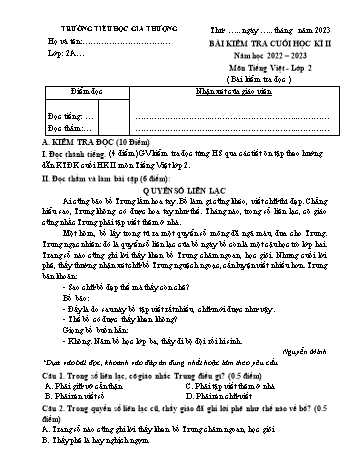 Bài kiểm tra cuối học kì II môn Tiếng Việt Lớp 2 - Năm học 2022-2023 - Trường Tiểu học Gia Thượng - Đề 3 (Có đáp án)