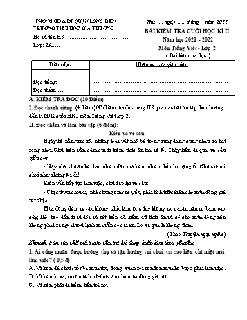Bài kiểm tra cuối học kì II môn Tiếng Việt Lớp 2 - Năm học 2021-2022 - Trường Tiểu học Gia Thượng - Đề 2 (Có đáp án)
