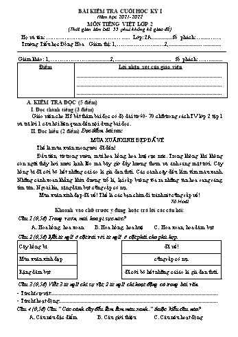 Bài kiểm tra cuối học kỳ I môn Tiếng Việt Lớp 2 - Năm học 2021-2022 - Trường Tiểu học Đồng Hòa (Có đáp án)