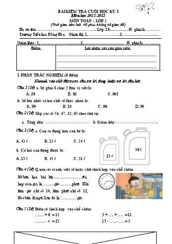 Bài kiểm tra cuối học kỳ I môn Toán Lớp 2 - Năm học 2021-2022 - Trường Tiểu học Đồng Hòa (Có đáp án)