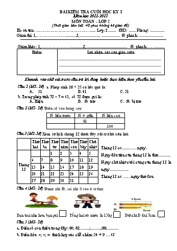 Bài kiểm tra cuối học kỳ I môn Toán Lớp 2 - Năm học 2022-2023 - Trường Tiểu học Đồng Hòa (Có đáp án)