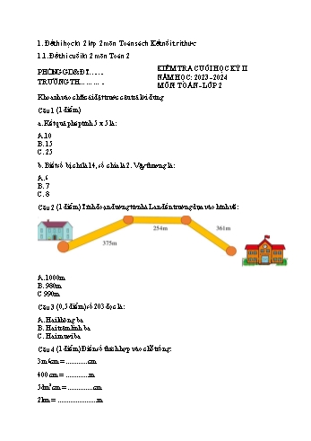 Bài kiểm tra cuối học kỳ II môn Toán Lớp 2 (Kết nối tri thức và cuộc sống) - Năm học 2023-2024 (Có đáp án)