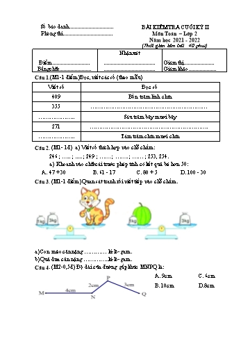 Bài kiểm tra cuối kỳ II môn Toán, Tiếng Việt Lớp 2 - Năm học 2021-2022 - Trường Tiểu học Hùng Tiến (Có đáp án)