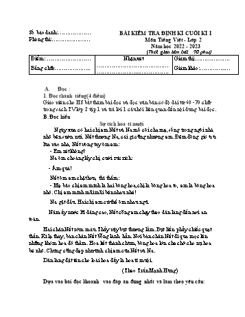 Bài kiểm tra định cuối học kì I môn Tiếng Việt Lớp 2 - Năm học 2022-2023 (Có đáp án)