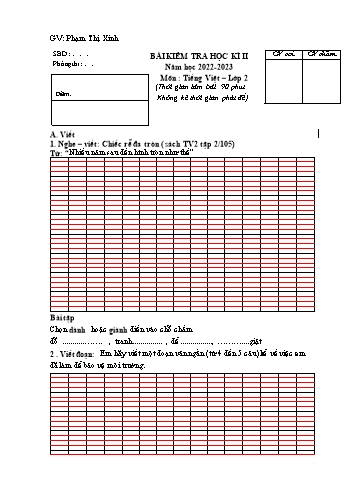 Bài kiểm tra định học kì II môn Tiếng Việt Lớp 2 - Năm học 2022-2023 - Phạm Thị Xinh (Có đáp án)