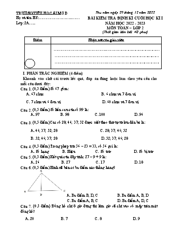 Bài kiểm tra định kì cuối học kì I môn Toán Lớp 2 - Năm học 2022-2023 - Trường Tiểu học Ái Mộ B (Có đáp án)