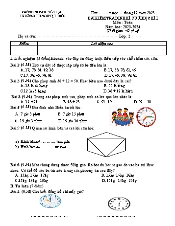 Bài kiểm tra định kì cuối học kì I môn Toán Lớp 2 - Năm học 2023-2024 - Trường Tiểu học Nguyệt Đức