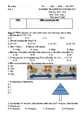 Bài kiểm tra định kì cuối học kì I môn Toán Lớp 2 - Năm học 2023-2024 - Trường Tiểu học Gia Thượng (Có đáp án)