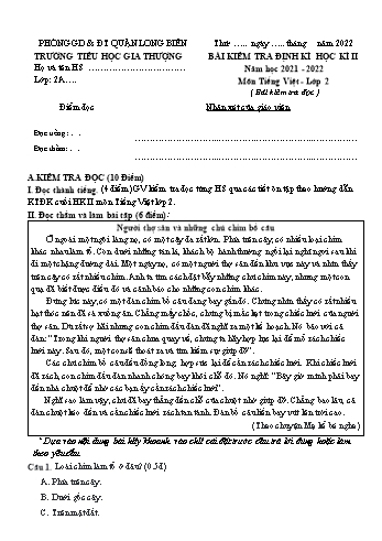 Bài kiểm tra định kì học kì II môn Tiếng Việt Lớp 2 - Năm học 2021-2022 - Trường Tiểu học Gia Thượng (Có đáp án)
