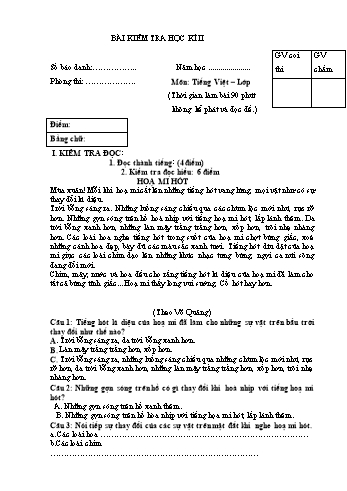 Bài kiểm tra học kì II môn Tiếng Việt Lớp 2 - Đề số 6 (Có đáp án)