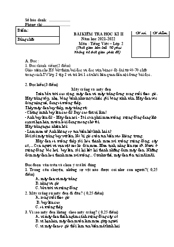 Bài kiểm tra học kì II môn Tiếng Việt Lớp 2 - Năm học 2021-2022 (Có đáp án)