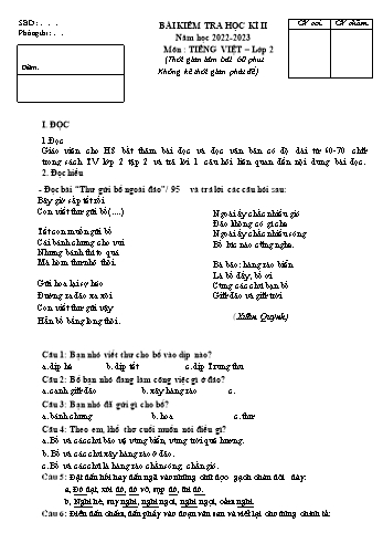 Bài kiểm tra học kì II môn Tiếng Việt Lớp 2 - Năm học 2022-2023 (Có đáp án)