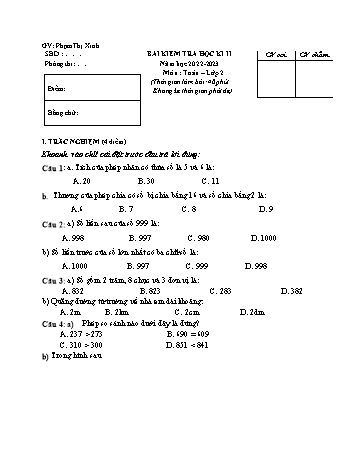 Bài kiểm tra học kì II môn Toán Lớp 2 - Năm học 2022-2023 - Phạm Thị Xinh (Có đáp án)