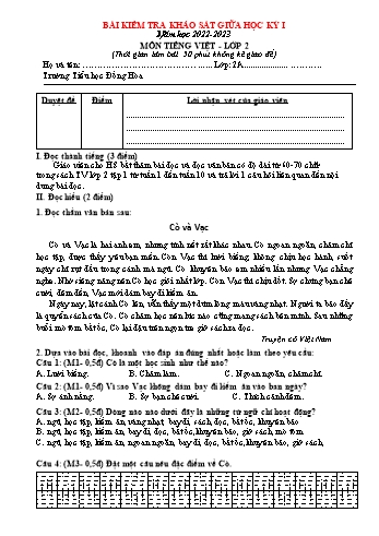 Bài kiểm tra khảo sát giữa học kỳ I môn Tiếng Việt Lớp 2 - Năm học 2022-2023 - Trường Tiểu học Đồng Hòa