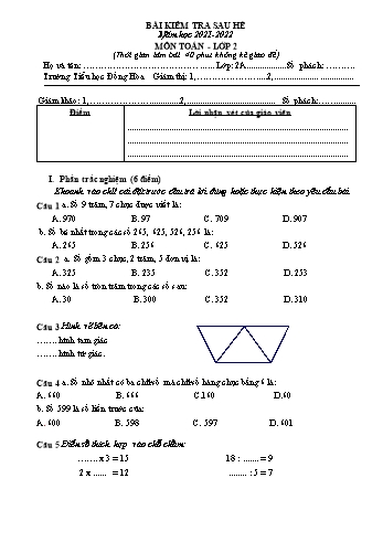 Bài kiểm tra sau hè môn Toán Lớp 2 - Năm học 2021-2022 - Trường Tiểu học Đồng Hòa