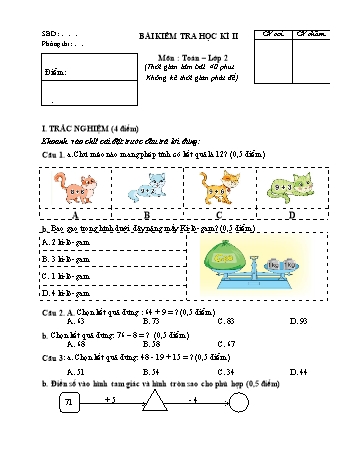 Bài kiểm tra số 3 học kì II môn Toán Lớp 2 - Năm học 2023-2024 (Có đáp án)