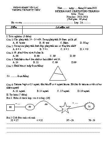 Đề khảo sát chất lượng tháng 10 môn Toán Lớp 2 - Năm học 2023-2024 - Trường Tiểu học Nguyệt Đức